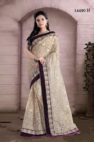 Net Sarees - Beige Net, 5.5 Meters, Velvet Border | Heavy Embroidery, Stone Work, Elegant Drape