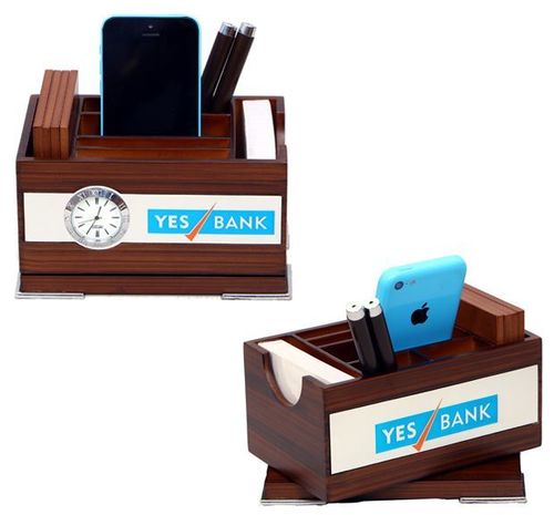 Promotional Wooden Desktop Products - MDF Small Size Wooden Color | Revolving Penstand with Watch Slip Pad & Card Holder Portable Design
