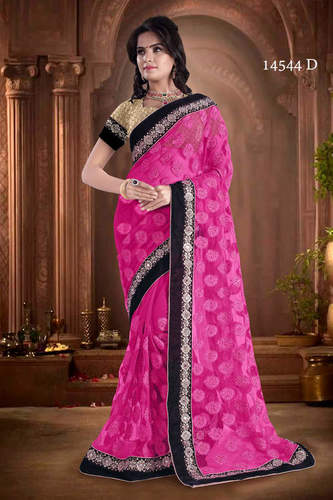 Net Sarees - Pink Net, 5.5 Meters, Velvet Border | Zari And Thread Work, Heavy Saree, Elegant Design