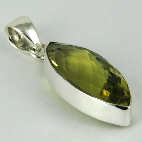 Secret Shine !! Lemon Topaz 925 Sterling Silver Pendant - 4.5x1.5 cm, Marquise Bezel Setting, Embossing