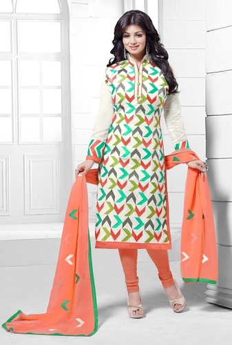 White And Cream Multicolor Chanderi Embroidered Salwar Suit Dress Material