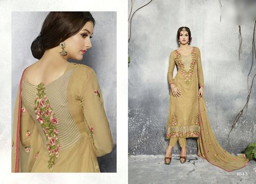 Fancy Designer Suit - Georgette, Long, Beige | Floral Embroidery, Elegant Anarkali Style, Unique Patterns, Fine Stitching