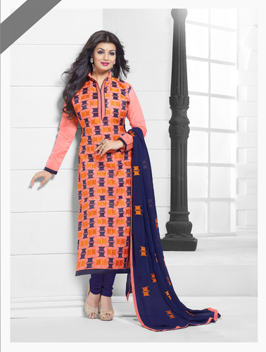 Peach And Blue Chanderi Embroidered Dress Material