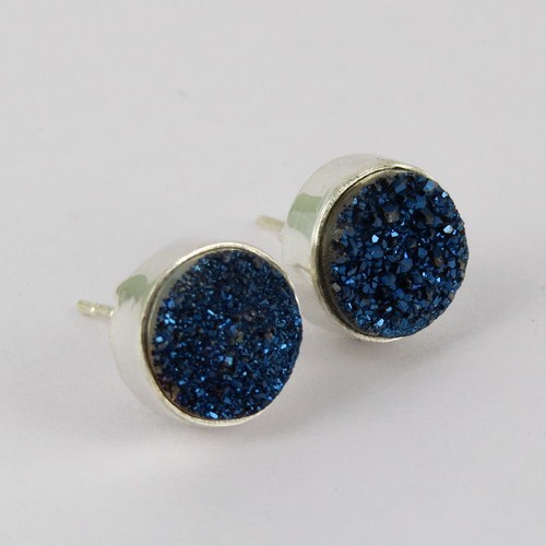 Falling In Love !! Blue Titanium Druzy 925 Sterling Silver Studs Earring