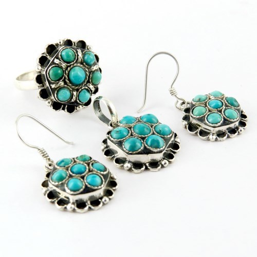 Water Of The Sea Rich Blue Turquoise 925 Sterling Silver Set - Ring 8.5 US, Earrings 3.5x1.8cm, Pendant 3.0x2.0cm | Bezel Setting, Elegant Design, Wholesale Available