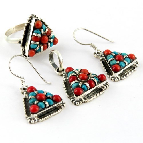 Smile At Me Coral, Turquoise 925 Sterling Silver Set - Ring 7.5 US, Earrings 3.5x1.7 cm, Pendant 3.0x1.9 cm, Elegant Gemstone Accents