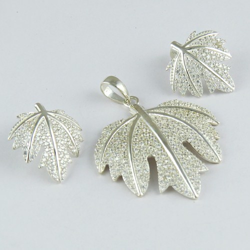 Leaf Shape 925 Sterling Silver Pendant, Earrings Set With White CZ