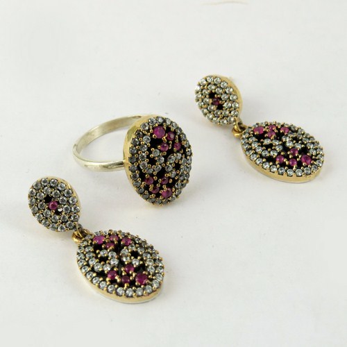 Perfect Gift For Bridal !! Red Onyx, White CZ 925 Sterling Silver Set With Brass