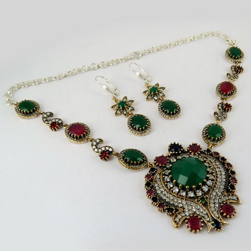 Genuine Quality !! Turkish Multi Stone 925 Solid Silver Set With Brass