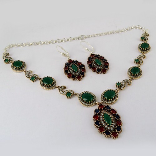 Sumptuos Natural !! Multi Stone 925 Sterling Silver Set With Brass - 23 Cm Necklace, 5x2.1 Cm Earrings | Green, Red, Blue Onyx, White CZ, Prong & Bead Setting