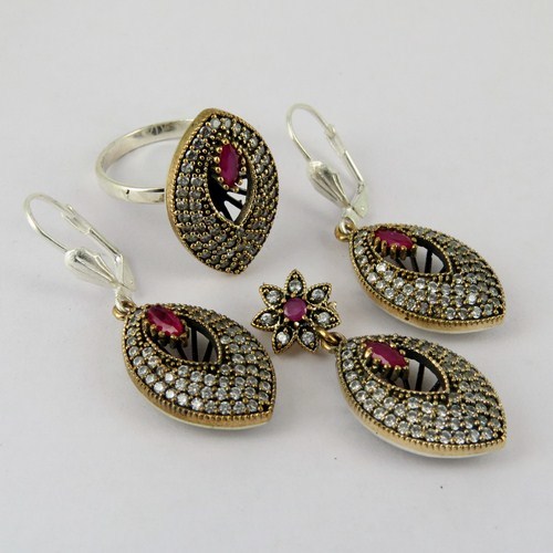 Red Onyx, White CZ 925 Sterling Silver Set With Brass