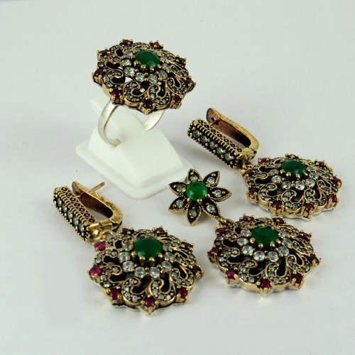 Multistone Silver Jewellery Set With Brass