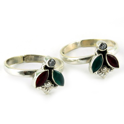 Red Onyx, Green Onyx, CZ Sterling Silver Toe Rings