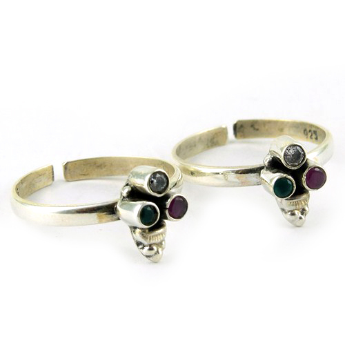 Red Onyx, Green Onyx, CZ 925 Sterling Silver Toe Rings