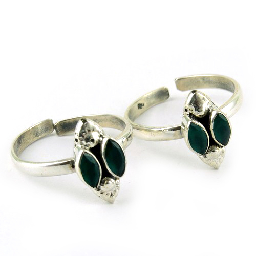 Beautiful Indian Style Green Onyx 925 Sterling Silver Toe Ring