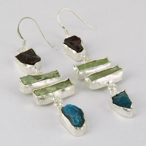 Unique Style !! Garnet, Prehnite, Apetite 925 Sterling Silver Earring