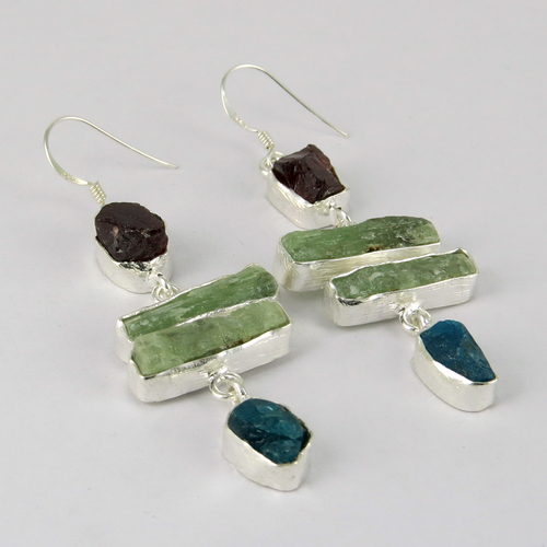 Impressive !! Garnet, Prehnite, Apatite 925 Sterling Silver Earring