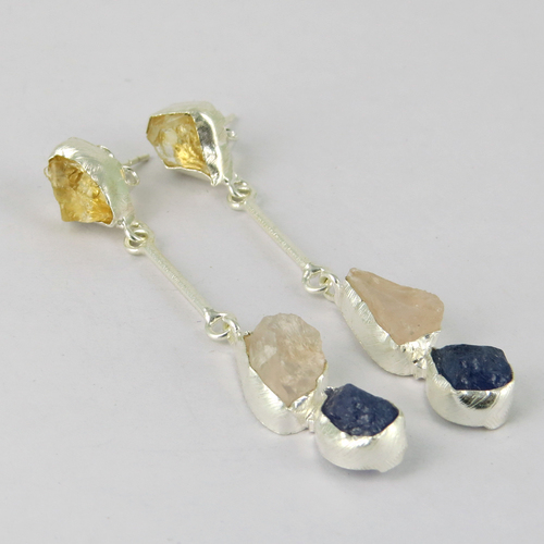 Fantastic Design !! Citrine, Rose Quartz, Iolite 925 Sterling Silver Earring