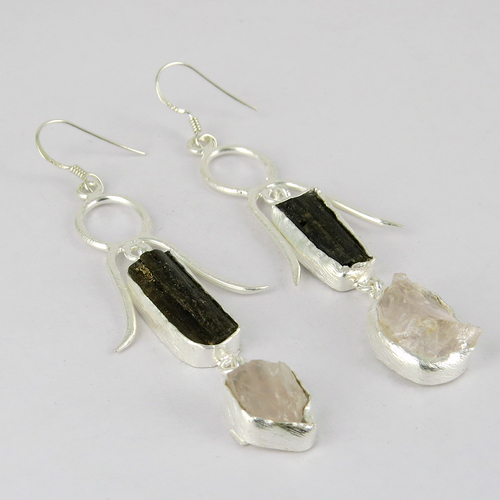 Exclusive Style !! Rose Quartz, Tourmaline 925 Sterling Silver Earring