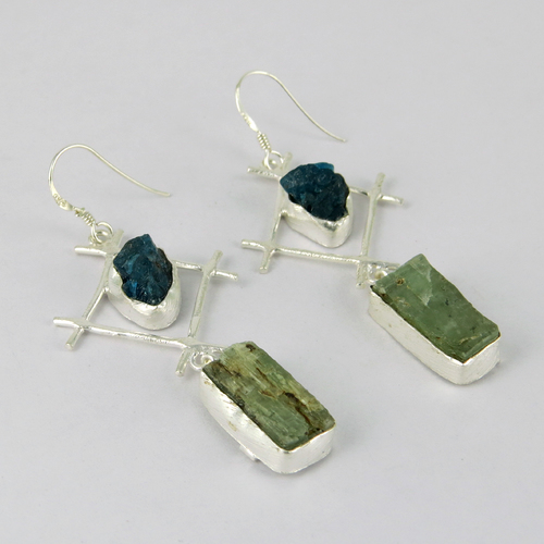 Awesome Love !! Prehnite, Neon Apatite 925 Sterling Silver Earring