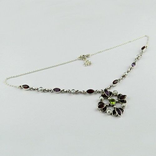 Passion !! Peridot Garnet Pearl Amethyst 925 Sterling Silver Necklace