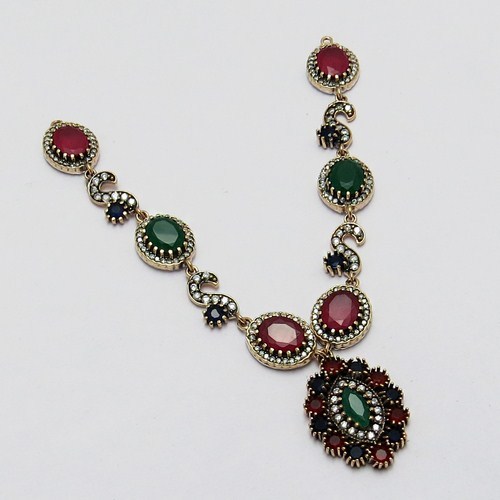 Very Lovely !! Turkish Green Onyx, Red Onyx, Blue Onyx, CZ 925 Sterling Silver Necklace With Brass