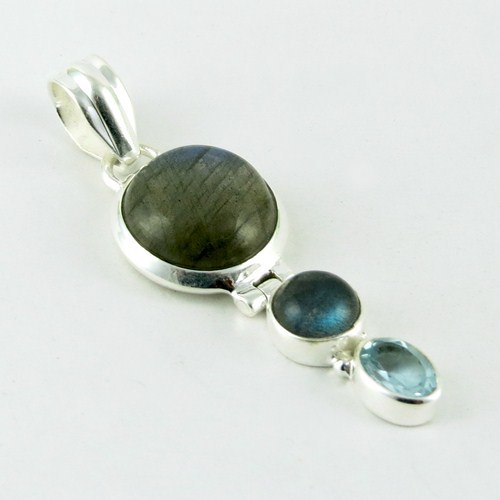 Ocean Style !! Labradorite Blue Topaz 925 Sterling Silver Pendant