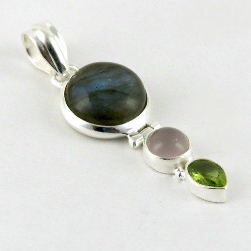 Great Impression !! Labradorite, Rose Quartz, Peridot 925 Sterling Silver Pendant