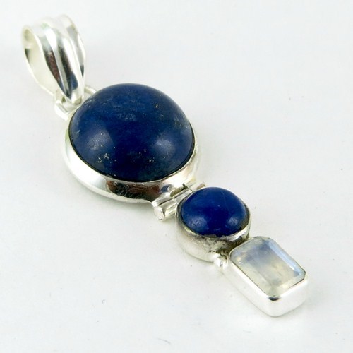 Gorgeous !! Lapis, Rainbow Moonstone 925 Sterling Silver Pendant