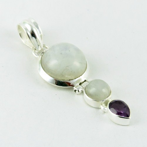 Rainbow Moonstone, Amethyst 925 Sterling Silver Pendant