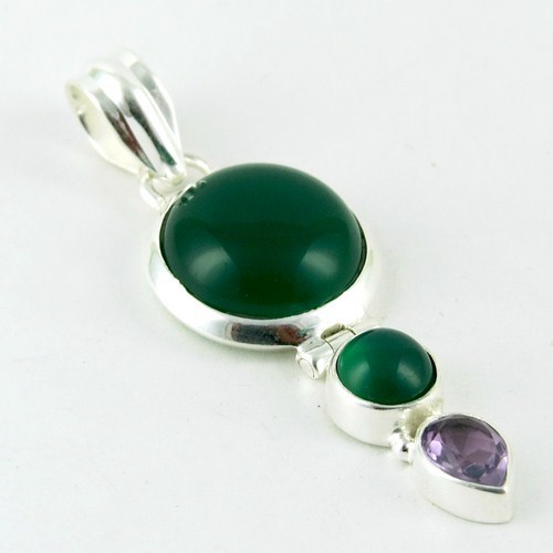 True Love !! Green Onyx, Amethyst 925 Sterling Silver Pendant