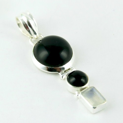 Black Onyx, Rainbow Moonstone 925 Sterling Silver Pendant