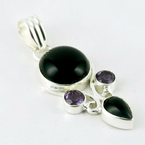 Love Bloom !! Black Onyx, Amethyst 925 Sterling Silver Pendant