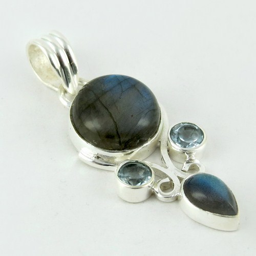 Giant Stylish !! Labradorite, Blue Topaz 925 Sterling Silver Pendant