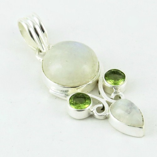 Perfect Angel Rainbow Moonstone, Peridot 925 Sterling Silver Pendant