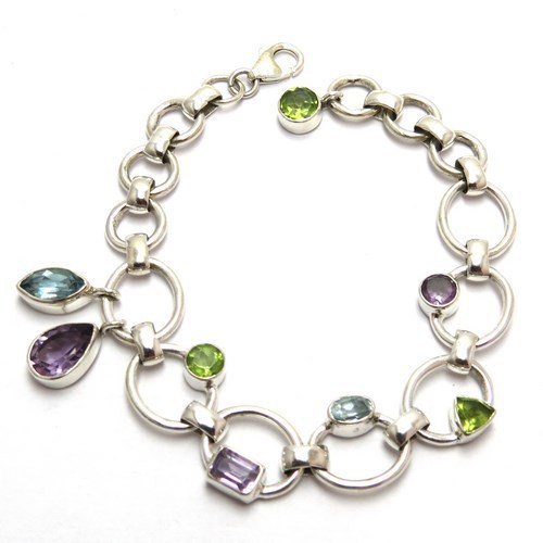 Makes A Good Choice Multi Color 925 Sterling Silver Bracelet - 19.0 cm, Amethyst Blue Topaz Peridot, Bezel Setting