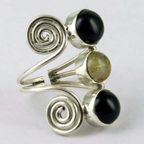Handmade Black Onyx, Golden Rutile 925 Sterling Silver Ring