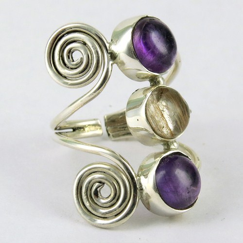 Stylish Amethyst, Golden Rutile 925 Sterling Silver Ring