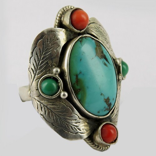 Antique Handmade Fine Art Turquoise, Coral 925 Sterling Silver Ring