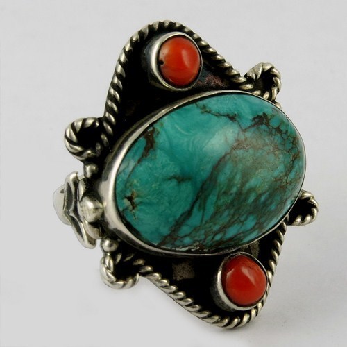 Bold Vintage Energetic Turquoise, Coral 925 Sterling Silver Ring