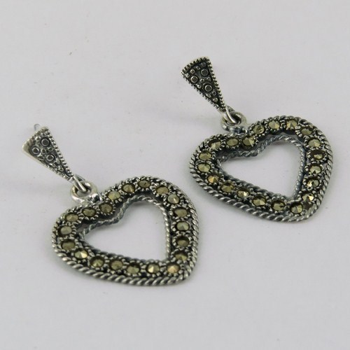 Marcasite 925 Sterling Silver Earring - 3.0x1.9 cm, Heart Shape, Bezel Setting, Tension Back