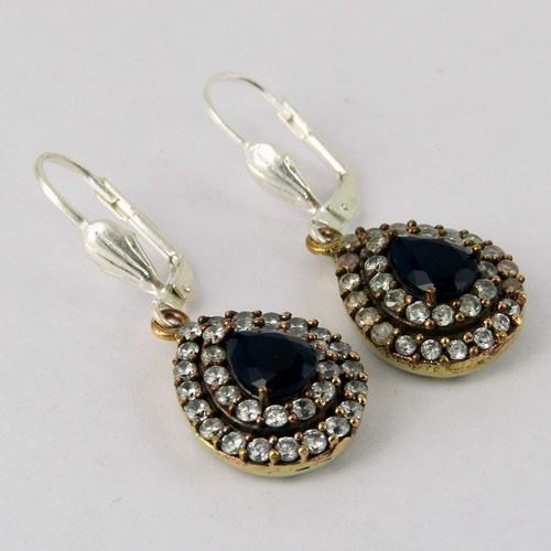 Turkish Silver Jewelry !! Blue Onyx_White CZ 925 Sterling Silver Earring