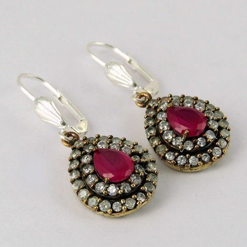 Antique Silver Jewelry !! Red Onyx_White CZ 925 Sterling Silver Earring With Brass