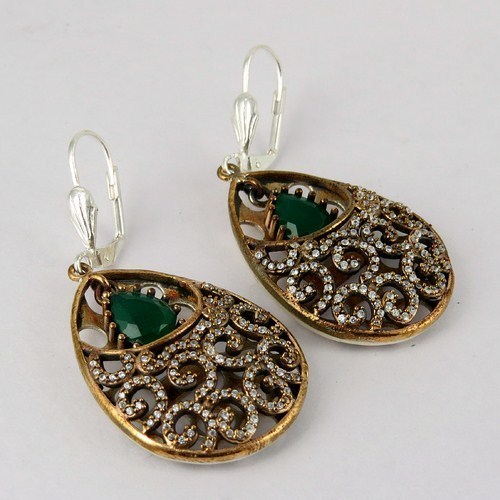 Victorian Style !! Green Onyx White CZ 925 Sterling Silver Earring With Brass