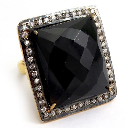 Black Onyx, White CZ 925 Sterling Silver Ring With Gold Plated