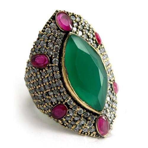 Solid Two Tones Green Onyx, Red Onyx, CZ 925 Sterling Silver Ring With Brass
