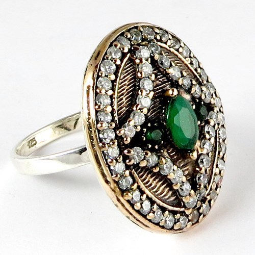 Green Onyx CZ 925 Sterling Silver Ring With Brass