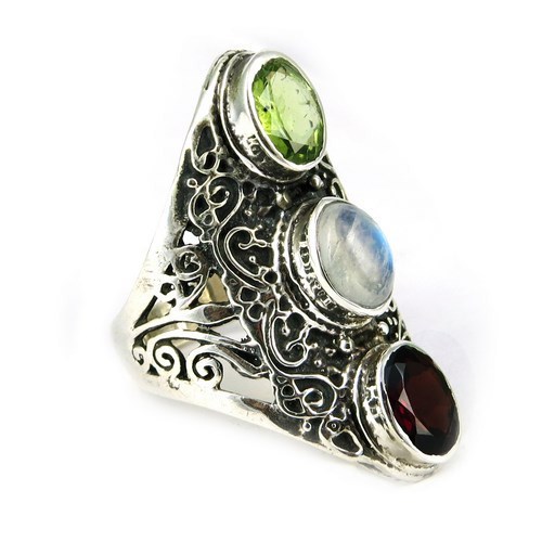 Shiny Love Peridot Rainbow Moonstone Garnet 925 Sterling Silver Ring