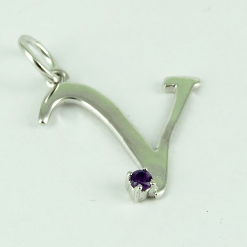 Alphabet Letter V Shape !! Amethyst 925 Sterling Silver Pendant