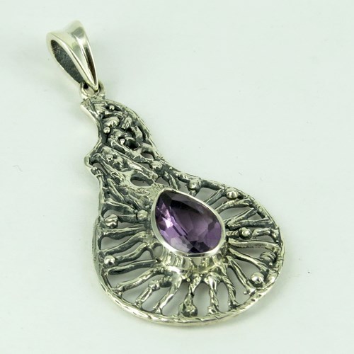 Genuine Oxidized !! Amethyst 925 Sterling Silver Pendant - 4.1x2.0 cm, Pear Bezel Setting, 925 Stamp, Wholesale Friendly